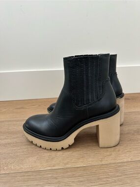 Dolce Vita Black Leather Ankle Boots with Cream Block Heel